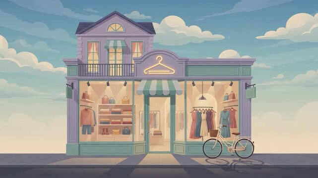 Charming boutique clothing store with a bicycle parked outside, under a cloudy sky.