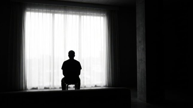 Silhouette of lonely person sitting on stool facing bright window in dark room represents solitude and grief.
