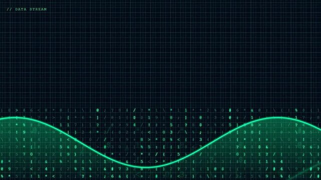Abstract Digital Data Stream with Glowing Green Sine Wave and Binary Code on Grid Background