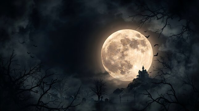 A luminous full moon illuminates a gothic castle and graveyard under a stormy clouded sky