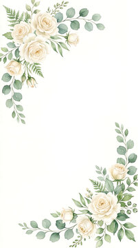 Cream roses and eucalyptus leaves watercolor floral corners 1