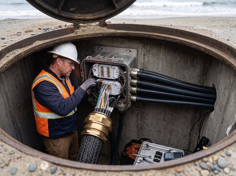 Fiber optic technician installing armored submarine cable connections inside a beach utility manhole