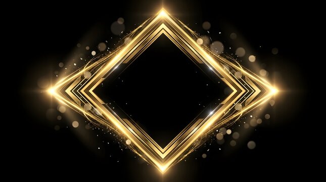A luxurious and elegant golden rhombus shaped frame with brilliant sparkling lights set against a dark black background ideal for upscale presentations