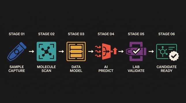 Drug Discovery and AI-Powered Molecular Research Pipeline. Six-stage workflow from Sample Capture to Candidate Ready. Flat vector illustration for biotech and pharmaceutical projects