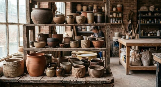 Rustic Artisan Pottery Collection Displayed on Wooden Shelves in a Craft Studio