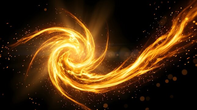 A vibrant fiery golden spiral of energy flows with a dark cosmic background suggesting power dynamic movement and transformative change