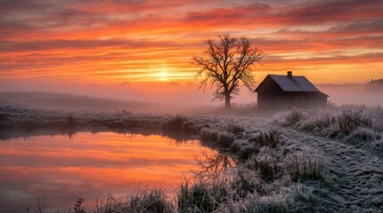 Obraz premium Wooden cabin and bare tree reflected in a pond under a bright orange sunrise in a foggy field