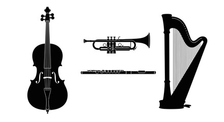 Black silhouettes of four musical instruments on white background with silhouettes violin trumpet trumpet flute harp orchestra classical symphony © Pabitra