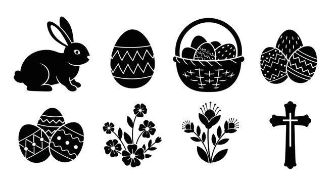 Easter icons set with bunny eggs basket flowers with icons white background black easter christianity celebration tradition religion festival