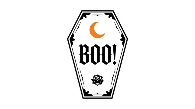 Vintage style coffin illustration with crescent moon and spooky halloween lettering