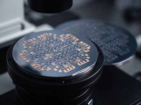 Silicon photonic micro-ring resonator modulator array on an SOI wafer under a laboratory microscope