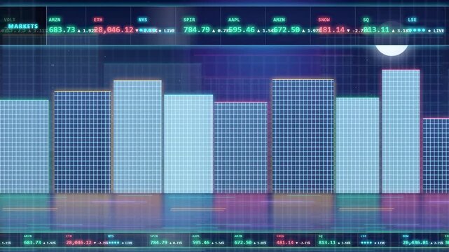 Digital stock market data visualization with scrolling financial numbers and blue city skyline graphics