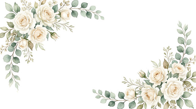 Cream white roses and green eucalyptus leaves watercolor corner borders