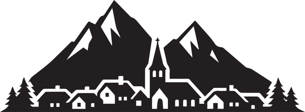 A black and white graphic illustration featuring a scenic alpine village nestled beneath towering mountain peaks in silhouette