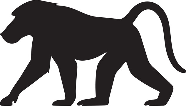 A side profile view of a walking baboon depicted in a clean and minimalist black animal silhouette