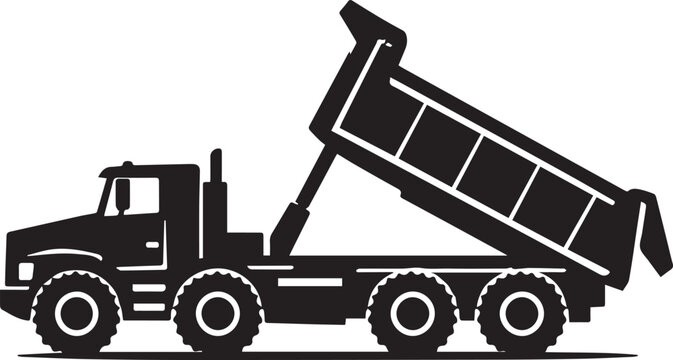 Black and white graphic icon of a heavy construction dump truck in a minimalist flat design silhouette
