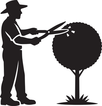 A gardener wearing a hat trimming a round bush with large shears in a minimalist black and white silhouette