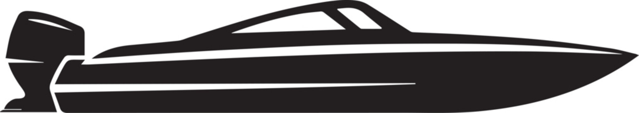 Minimalist graphic design featuring a sleek motorboat shown in a bold black and white silhouette