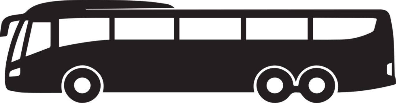 Black and white side view of a modern passenger coach bus graphic design in a flat minimalist silhouette