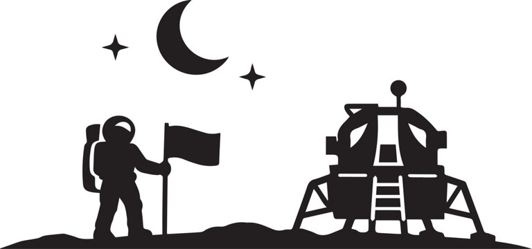 Astronaut standing on the lunar surface with a landing module and crescent moon in a black and white silhouette
