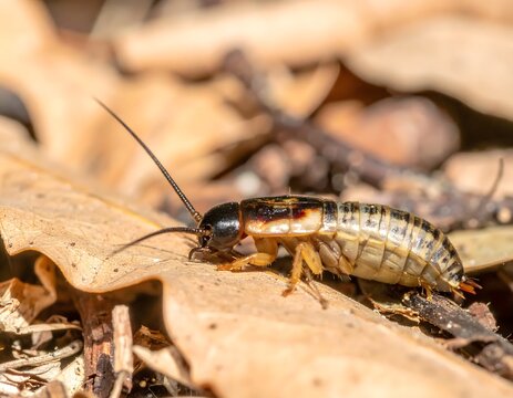 Detailed Macro View of a Small Cricket Insect with Long Antennae Resting on Dry Autumn Leaves