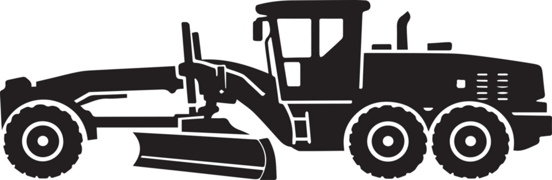 Black and white vector illustration of a heavy construction motor grader vehicle in a minimalist flat silhouette