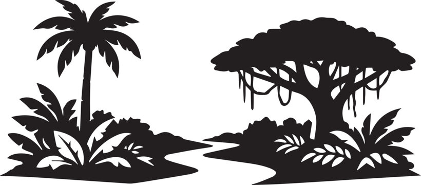 Black and white illustration featuring tropical palm trees and dense jungle foliage in a clean graphic silhouette