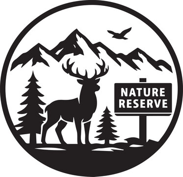 A circular nature reserve emblem featuring a majestic deer standing in front of mountains in a black silhouette