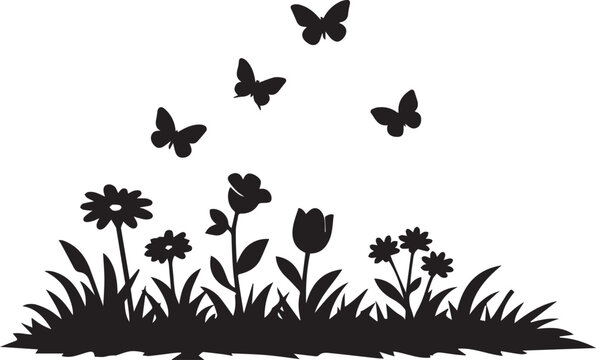 A beautiful garden scene featuring blooming wild flowers and flying butterflies presented in a clean black silhouette