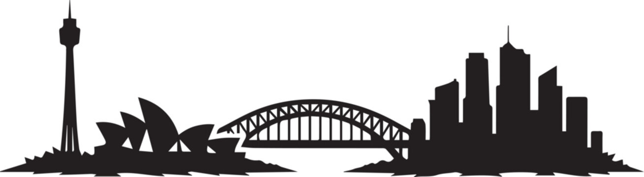 Minimalist black and white graphic illustration of the iconic sydney city skyline featuring a distinctive artistic silhouette
