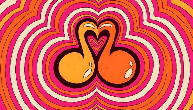 Psychedelic heart musical notes with groovy retro concentric waves. Abstract romantic music art and rhythm. Musical heart symbol floating inside vibrant colorful retro tunnel graphics