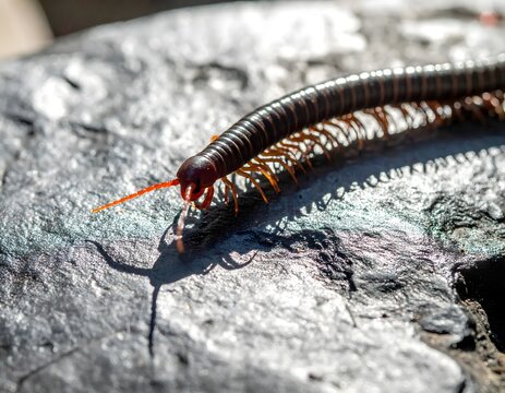 A millipede with its segmented body and orange antennae crawling across a textured rocky surface in close-up detail
