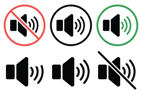 No Speaker Sound Sign featuring red prohibition and green allowed symbols, mute and unmute volume buttons, silence rules, and audio control