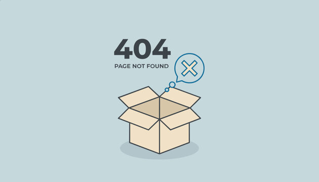 Creative error four hundred and four page not found illustration with an empty cardboard box and a thought bubble with an X.
