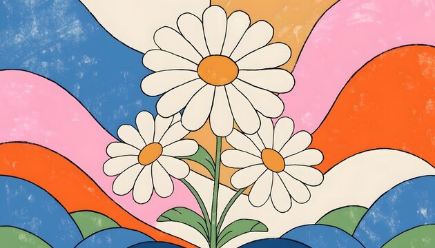 Retro vintage daisy flower bouquet with colorful rainbow waves. Groovy seventies botanical graphic illustration. White daisy flowers blooming in front of vintage colorful wave stripes
