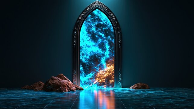 Mystical Portal Opening to a Swirling Blue and Orange Cosmic Dimension