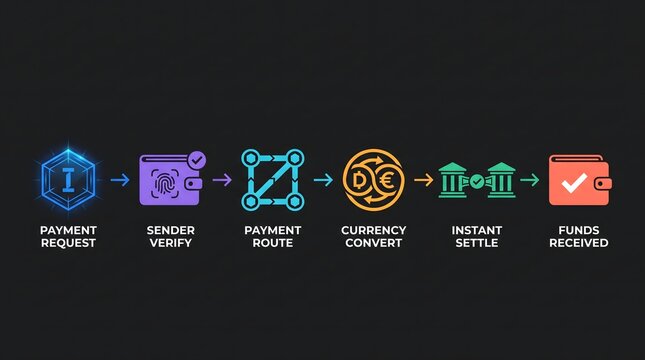 Digital payment processing workflow vector illustration. Step-by-step transaction flow from Payment Request to Funds Received with verification and conversion stages
