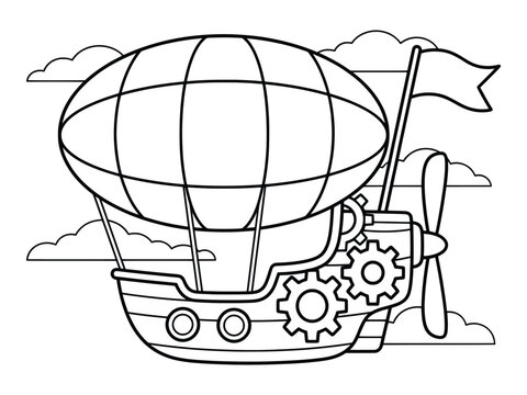 Steampunk airship with gears and flag in black and white line art.