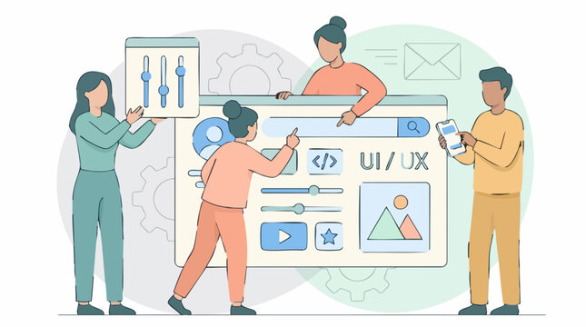 Collaborative UI UX design and web development process illustration