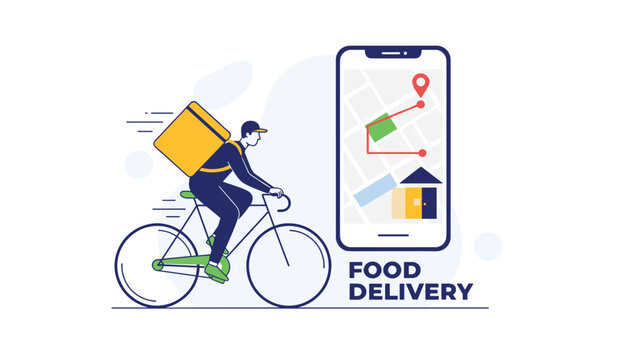 Courier delivering food on a bicycle with a map route shown on a smartphone screen representing digital delivery service.