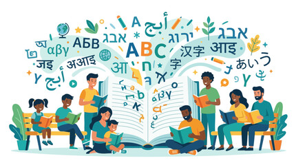 Obraz premium Diverse Group of Students Reading Books with Global Languages and Alphabets Floating Above Open Book Representing Universal Education and Knowledge