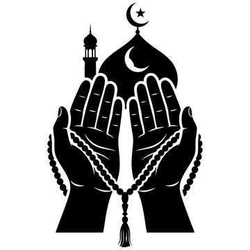 Black and white vector silhouette illustration of hands praying with prayer beads and mosque dome religion spiritual crescent illustration