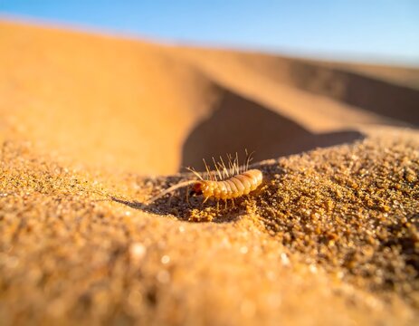 Small desert insect crawling on sun-drenched sand dune under blue sky.