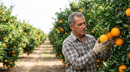 Obraz premium Farmer examining ripe citrus fruit in a vibrant orange grove