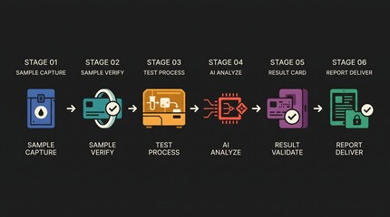 Naklejka premium AI-Powered Test Automation Workflow vector illustration. Six-stage process from sample capture to report generation with icons for verification processing analysis and validation
