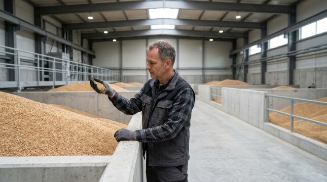 Farmer Inspecting Stored Grain in Agricultural Storage Facility