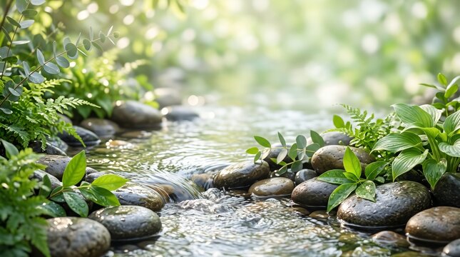 A peaceful stream meanders through vibrant green foliage and smooth stones creating a serene natural landscape