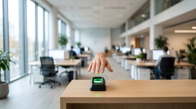 Modern biometric fingerprint scanner device authenticating employee access in office