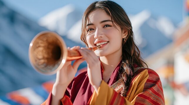 Smiling young Himalayan woman playing traditional horn in mountains