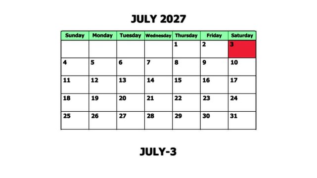 July 2027 monthly calendar page with highlighted date july 3rd for planning and scheduling monthly planner